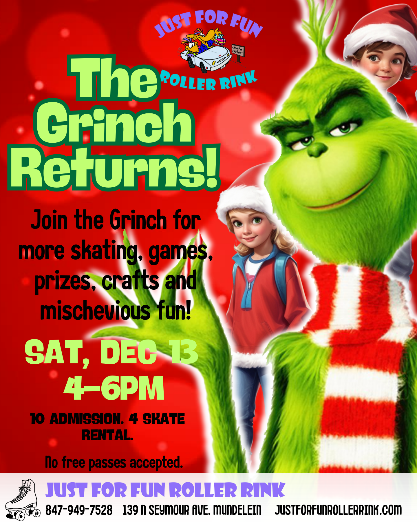 The Grinch Returns roller skating event! – Just for Fun Roller Rink Best birthday parties and group events in northern IL